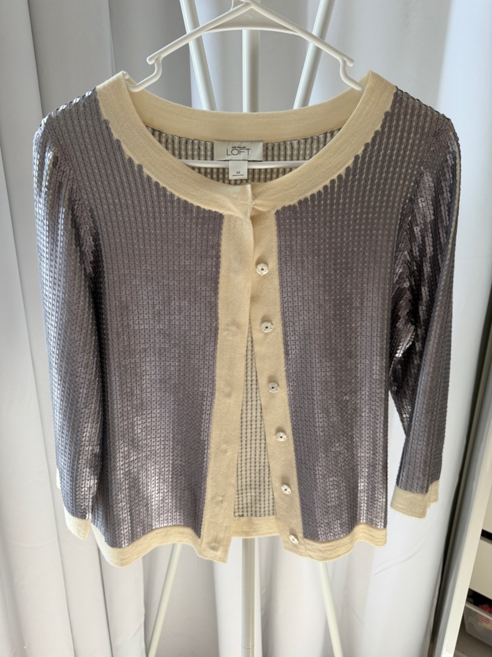 LOFT Silver Sequin Cardigan with Cream Trim